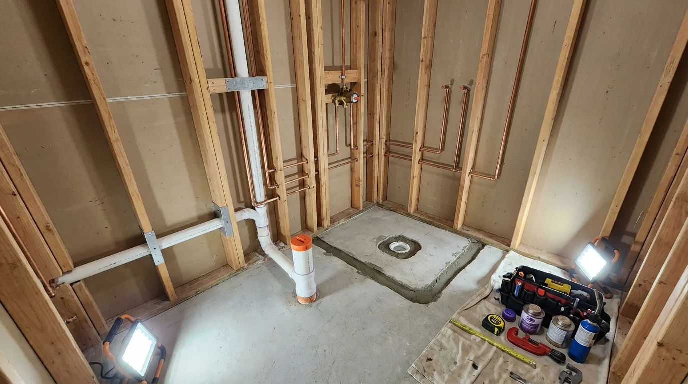 Bathroom rough-in plumbing during remodel by Johns Plumbing LLC in Argos