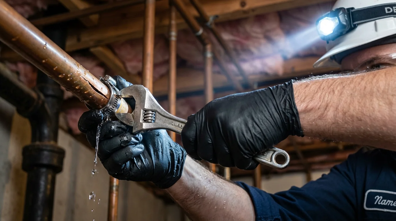 Emergency pipe clamp repair being performed by a Johns Plumbing LLC plumber in Argos