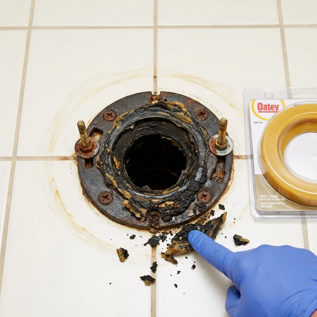 Failed wax ring showing water seepage at the base of a toilet in a Argos, IN home