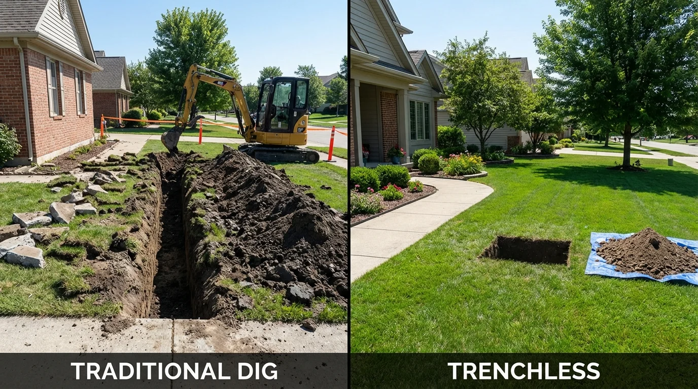 Trenchless sewer repair with minimal yard damage versus traditional excavation in Argos, IN